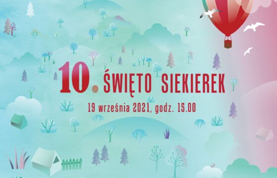 Grafika projektu 10 Święto Siekierek - na całej powierzchni rysunki domków i drzew, w prawym górnym rogu balon latający.