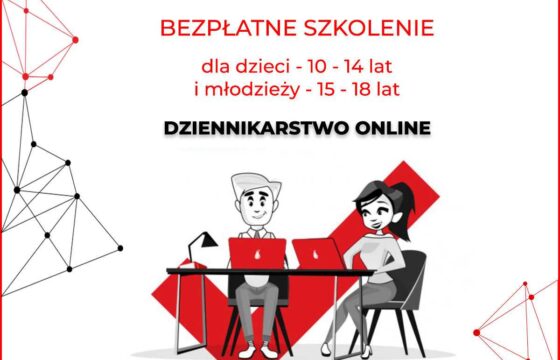 Grafika do projektu dziennikarstwo online - dziewczyna i chłopak siedzą na krzesłach przy stole, przed nimi otwarte laptopy.