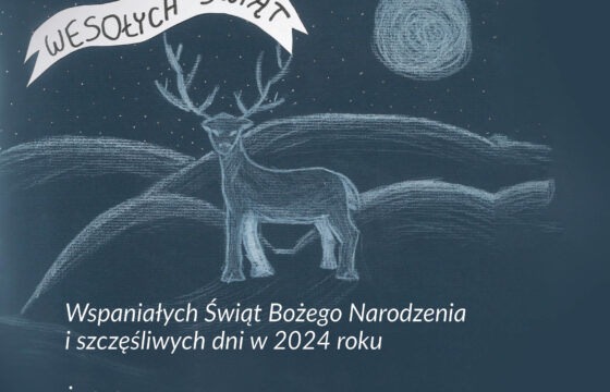 Pocztówka z życzeniami na Święta Bożego Narodzenia - grafika jelenia na tle gór