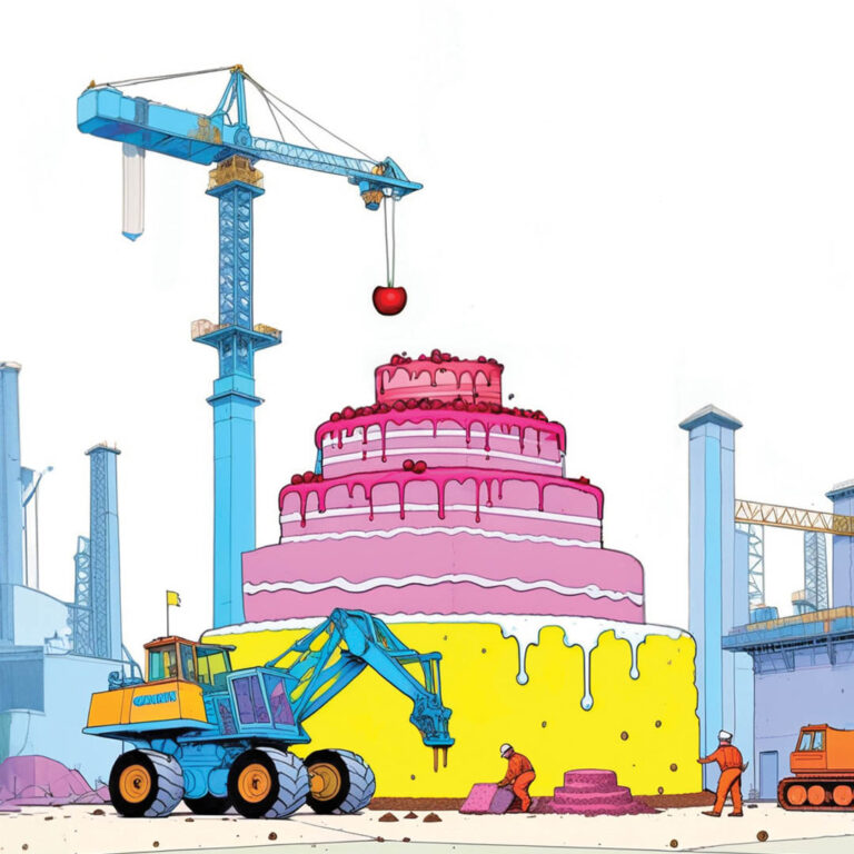 Grafika komiksowa - wielki piętrowy tort, przed nim koparka, za nim żuraw budowlany i budynki
