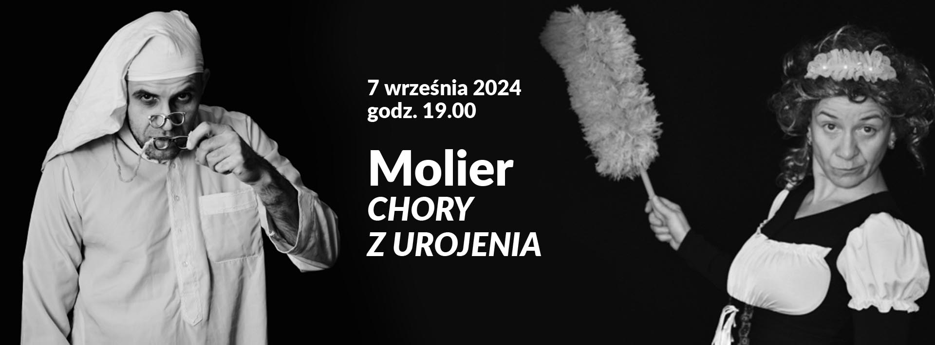 Grafika i informacja tekstowa dotycząca spektaklu "Chory z urojenia" w wykonaniu Teatru Libre. Postać mężczyzny w mycce do spania oraz kobiety w stroju pokojówki ze szczotką do wycierania kurzu w dłoni