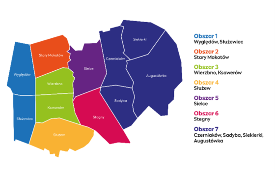 Mapa fizyczna Dzielnicy Mokototów z podziałem na osiedla