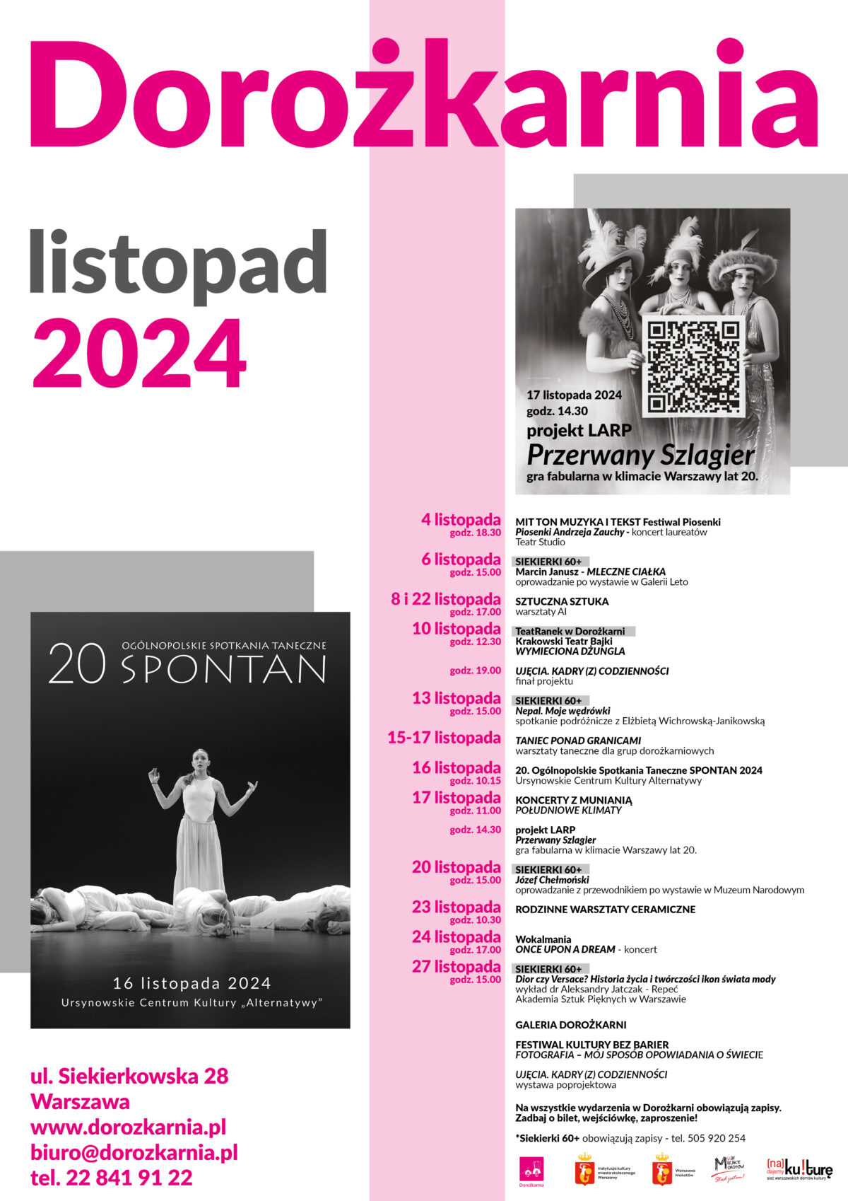 Plakat z repertuarem Domu Kultury Dorożkarnia na listopad 2024