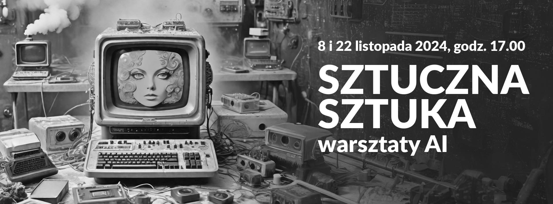 Grafika w stylu komiksowym przedstawiająca wnętrze jakiegoś warsztatu, w którym znajdują się stare komputery, ekrany, jest dużo dymu.