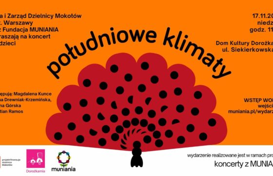 Plakat koncertu "Południowe klimaty" - informacje o terminie, miejscu wydarzenia, występujących, zapisach. W dolnym pasku logotypy. W centralnym punkcie plakatu grafika pawia. Plakat wykonany w poziomie