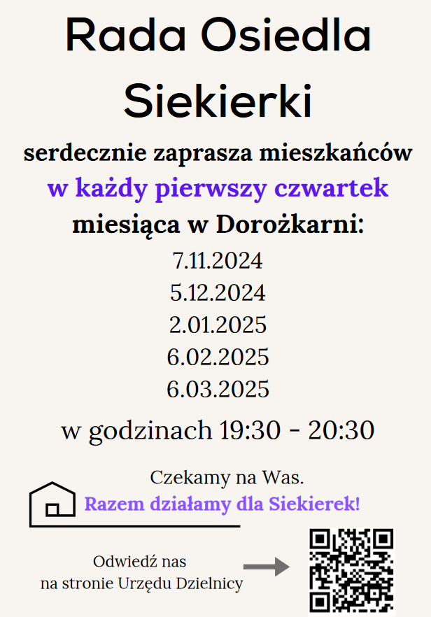 Afisz z terminami spotkań Rady Osiedla Siekierki od listopada 2024 do marca 2025