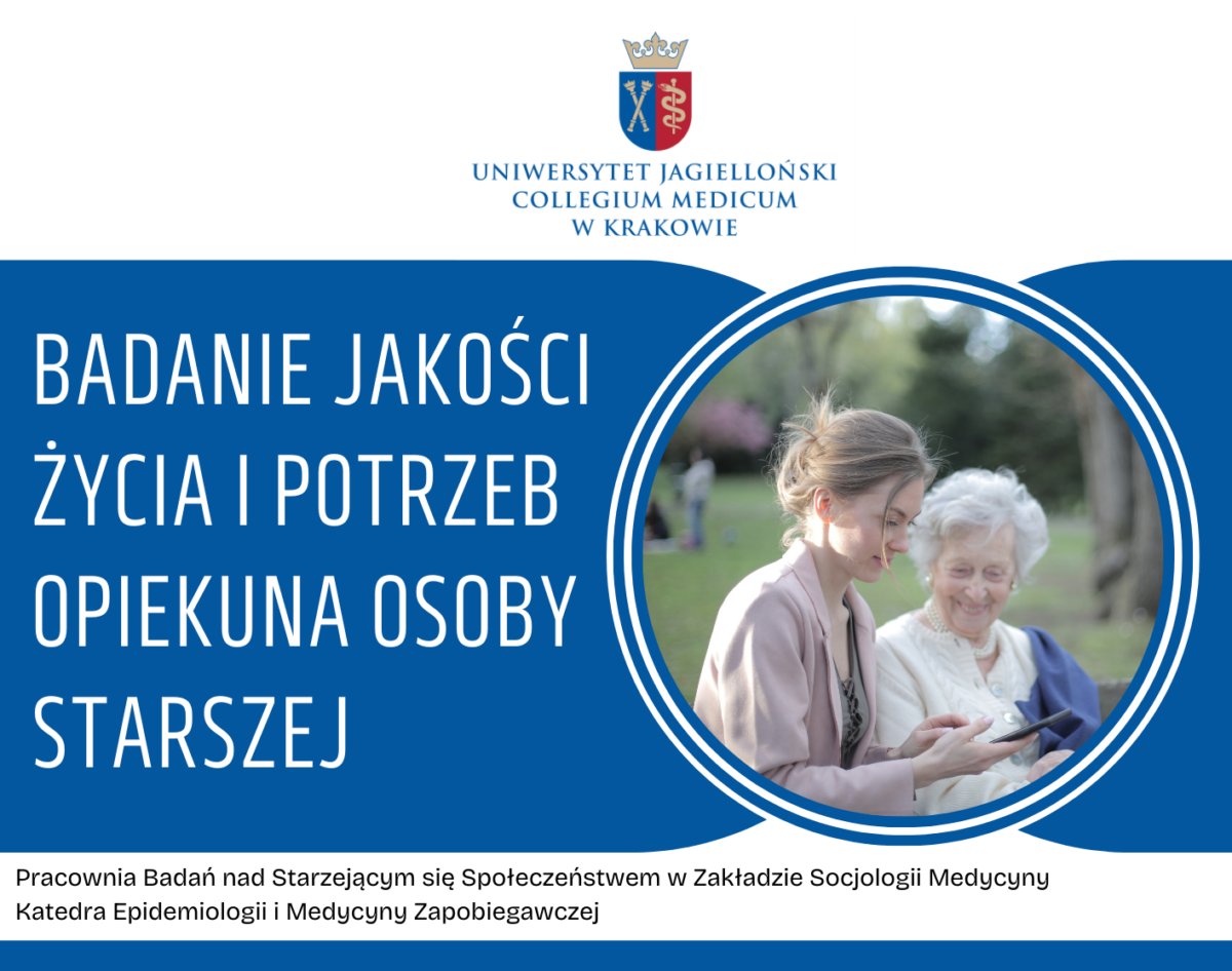 Zdjęcie dwóch kobiet: jedna jest młoda, druga jest seniorką. Obok zdjęcia informacja o badaniu dot. jakości życia i potrzeb opiekuna starszej osoby.