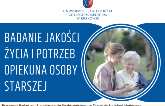 Zdjęcie dwóch kobiet: jedna jest młoda, druga jest seniorką. Obok zdjęcia informacja o badaniu dot. jakości życia i potrzeb opiekuna starszej osoby.