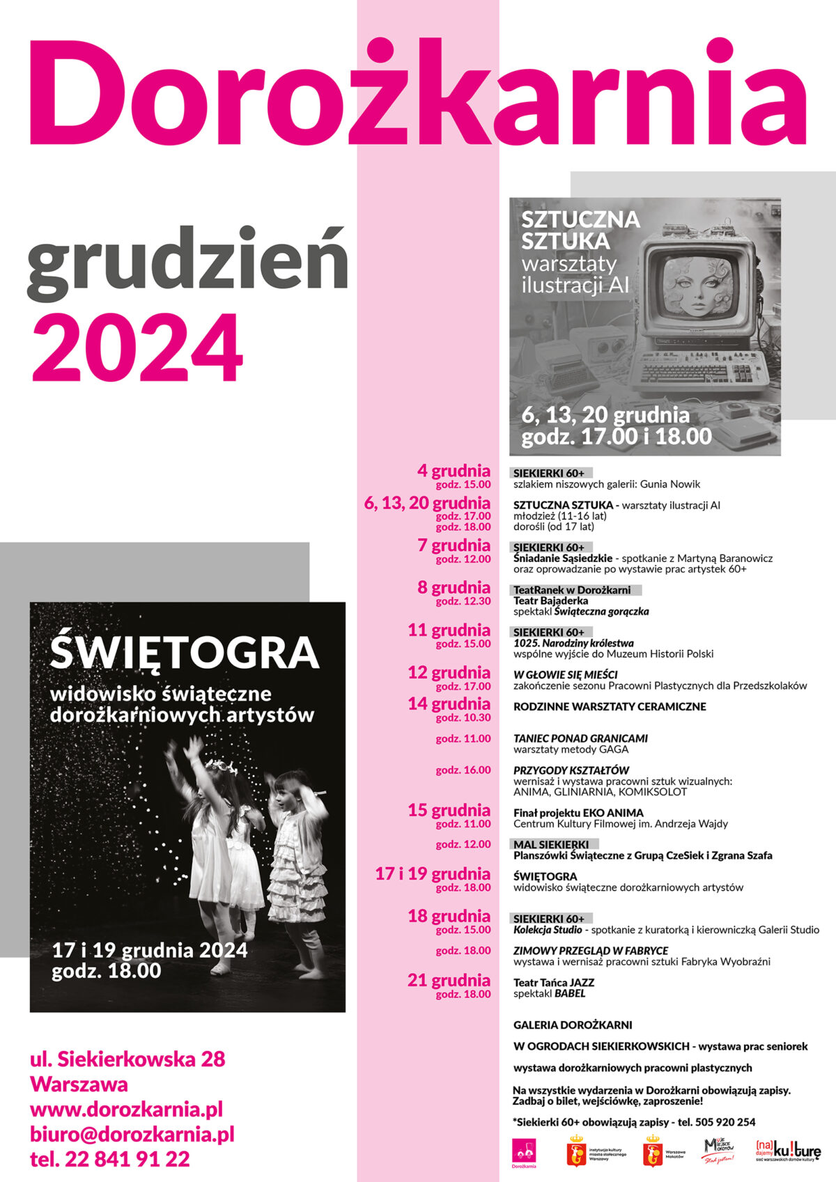 Plakat z repertuarem wydarzeń domu kultury Dorożkarnia na grudzień 2024