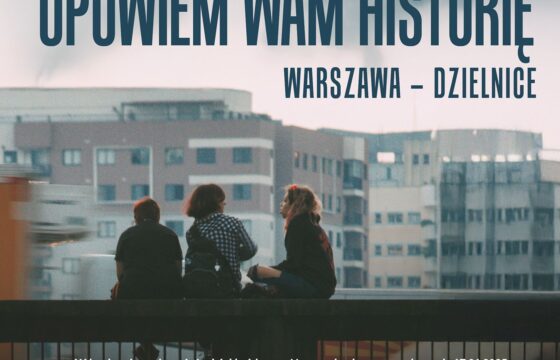 Plakat konkursu literackiego pt. "Opowiem Wam historię" - trzy postacie siedzące na tle bloków.