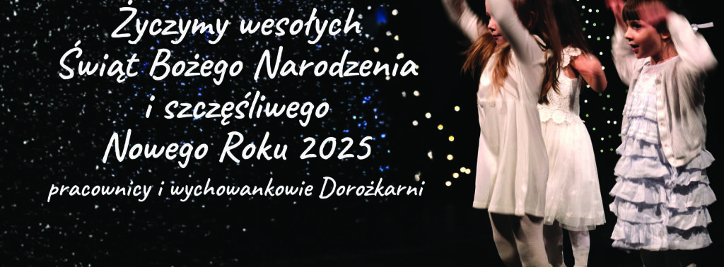 Trzy kilkuletnie dziewczynki wśród świątecznych lampek - życzenia na Święta Bożego Narodzenia od pracowników i wychowanków Dorożkarni