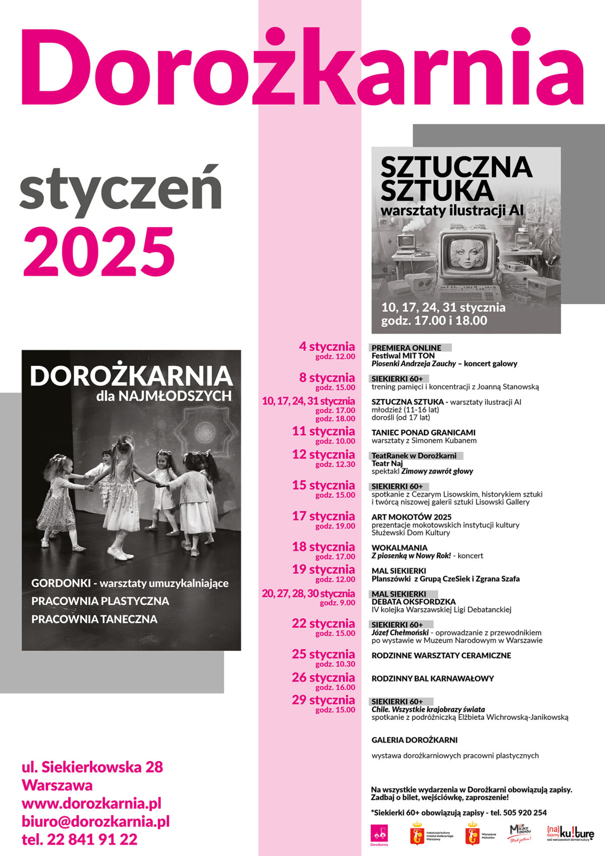 Plakat z repertuarem wydarzeń na styczeń 2025 Domu Kultury Dorożkarnia