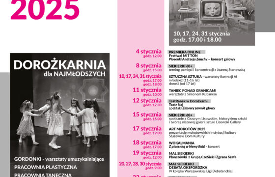 Plakat z repertuarem wydarzeń na styczeń 2025 Domu Kultury Dorożkarnia