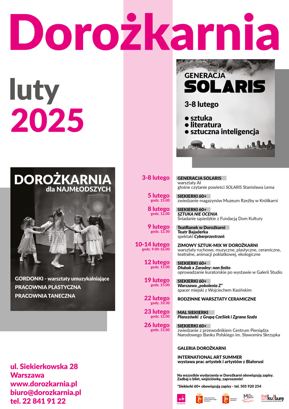 Plakat Domu Kultury Dorożkarnia z repertuarem wydarzeń na luty 2025