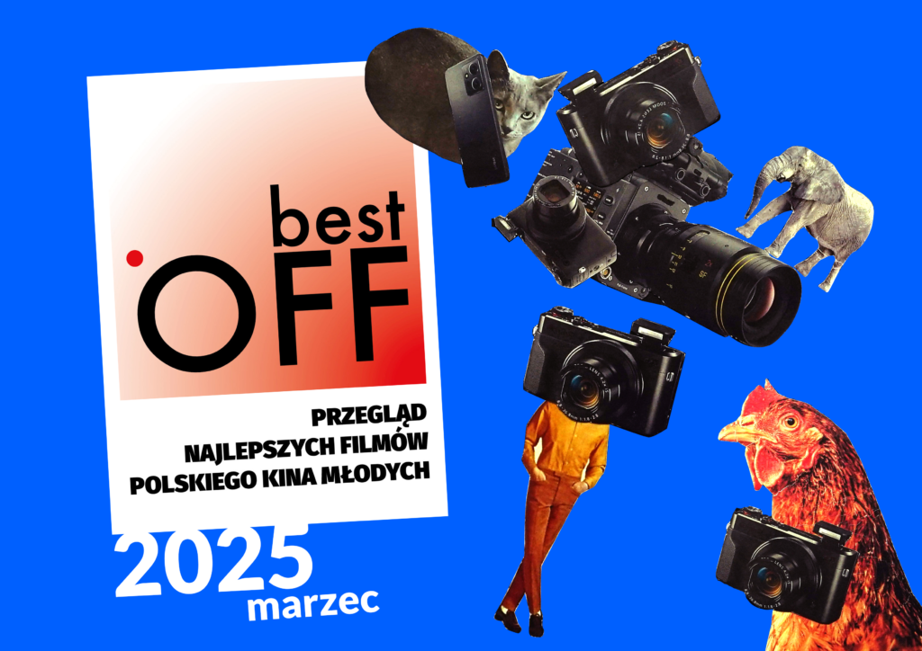 Grafika festiwalu filmowego młodych Best Off - miks postaci, zwierząt i aparatów fotograficznych