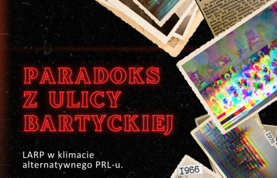 Grafika projektu LARP pt. "Paradoks z ulicy Bartyckiej" - kolaż zdjęć klasowych, kartek na żywność z czasów PRL i wycinka z gazety